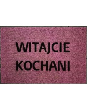 Różowa wycieraczka kokosowa z napisem Witajcie kochani